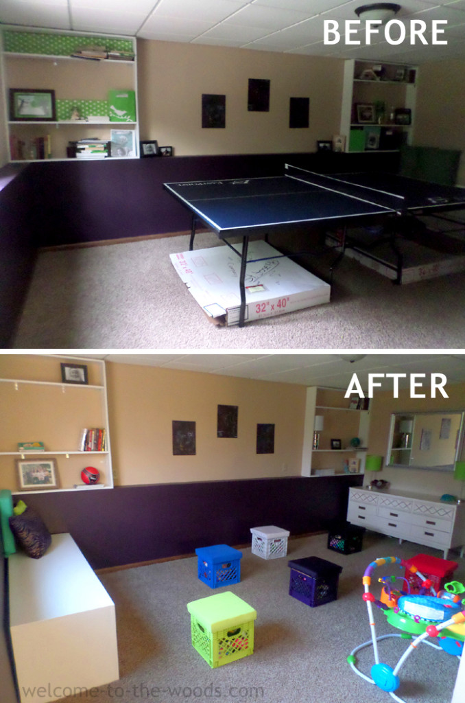 Before and after basement redo reveal. They turned a dark and dull room into a colorful and practical playroom!