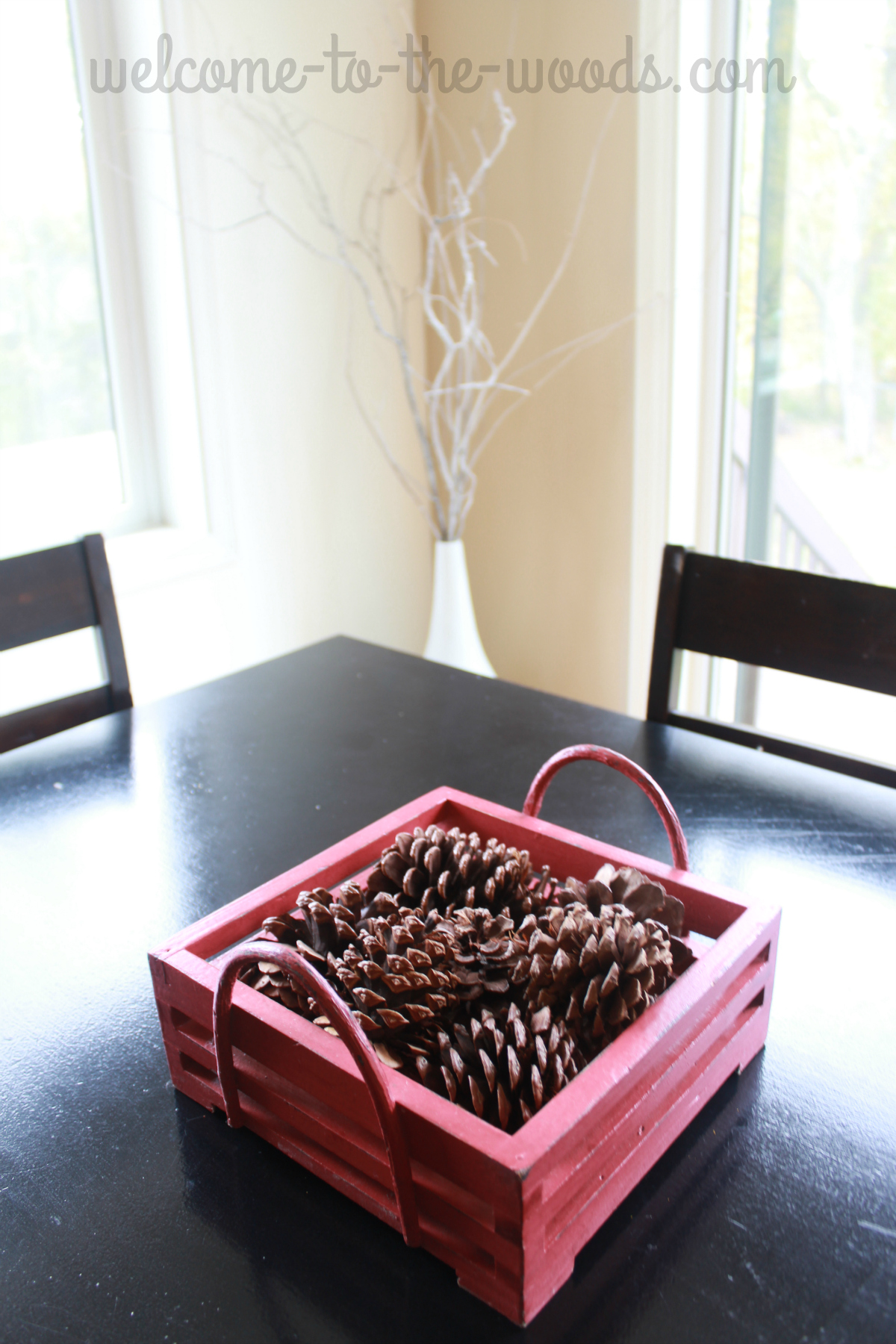 Simple, rustic wooden box filled with pinecones as a fall centerpiece. Love this autumn decor idea!