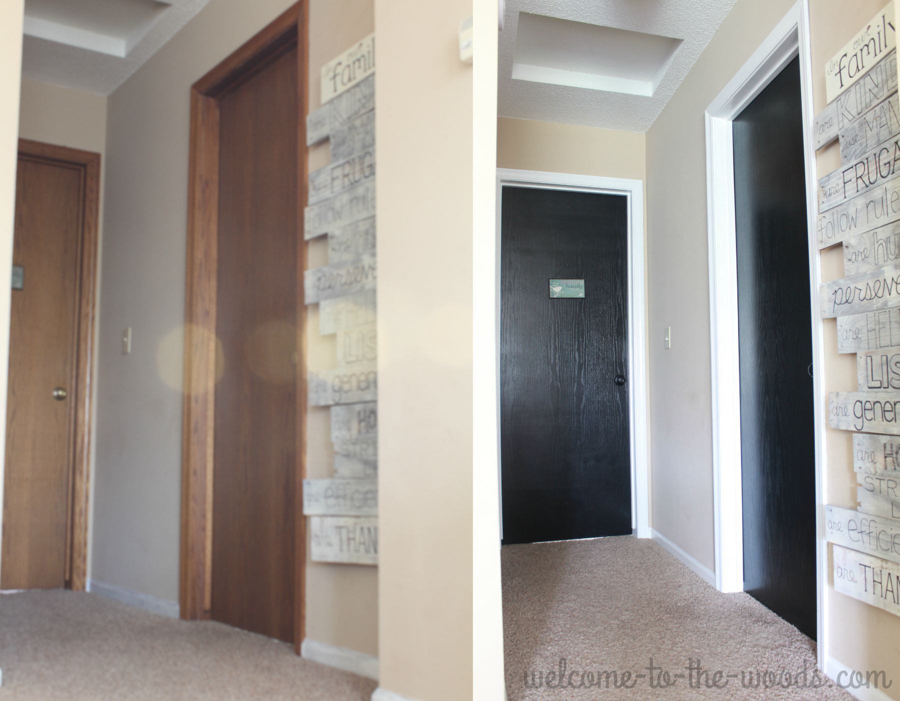 Interior trim painting ideas with white and black contrast for a modern decor. This hallway makeover before and after is amazing!
