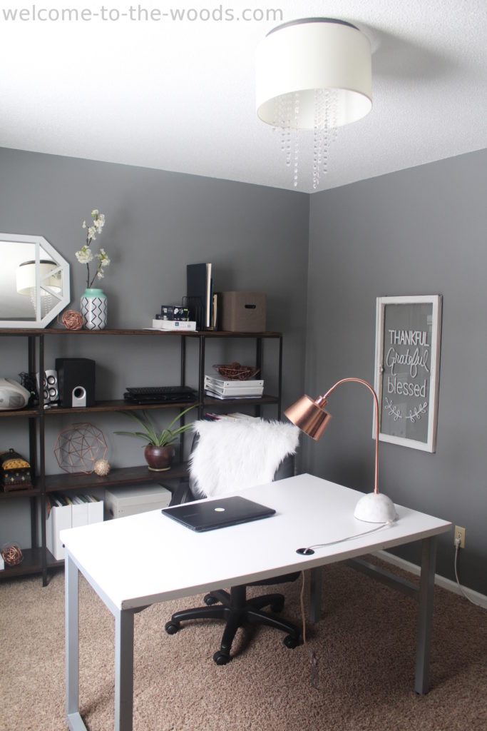 Home office makeover for the ORC (One Room Challenge)! Includes DIY $60 modern shelving, DIY $6 drum chandelier, and abstract painting tutorial!