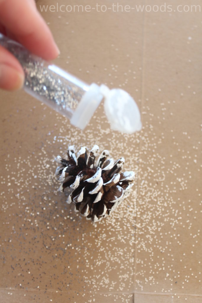 While the paint is wet, sprinkle glitter on your painted pinecones