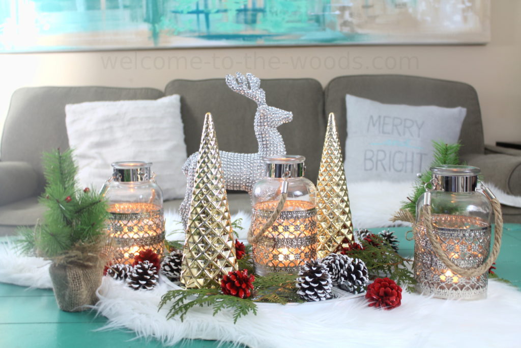 Hollar.com swag and natural elements create this gorgeous holiday display for coffee table centerpiece.