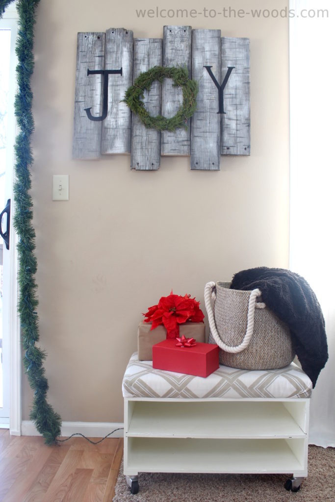 JOY birch wood sign and juniper wreath holiday home decor seasonal Christmas decorations