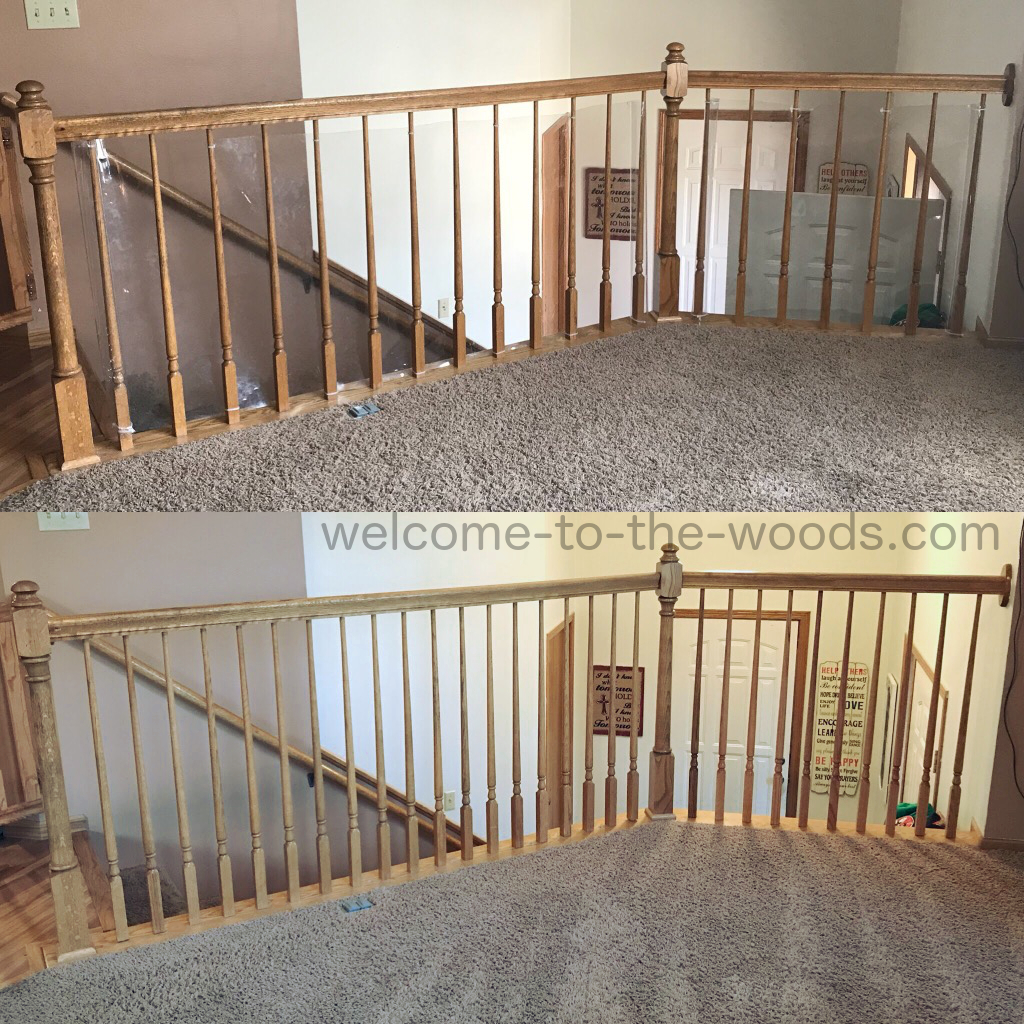 Before and after stair railing adding spindles to be spaced 4 inches instead of 6 inches apart!