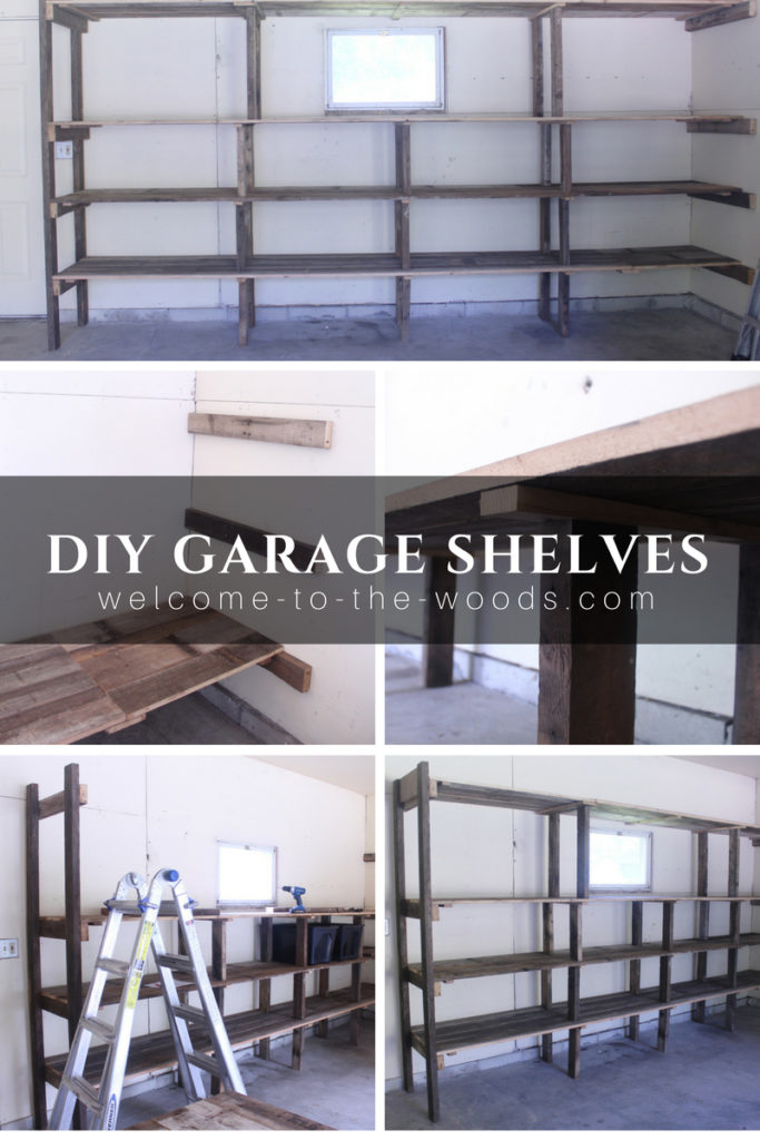 Unique design for DIY garage shelves with reclaimed wood. Lots of strength using a minimal amount of lumber.