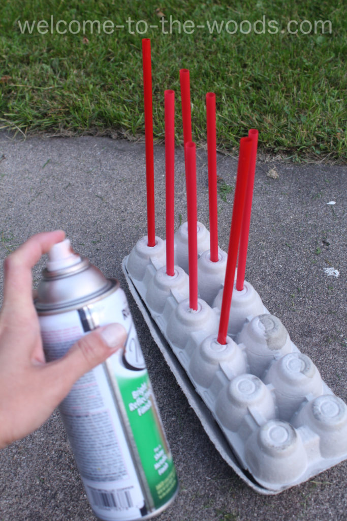 Spray painting plastic straws by poking them in an egg carton. These will mimic copper tubes when done for the cost of a can of spray paint.