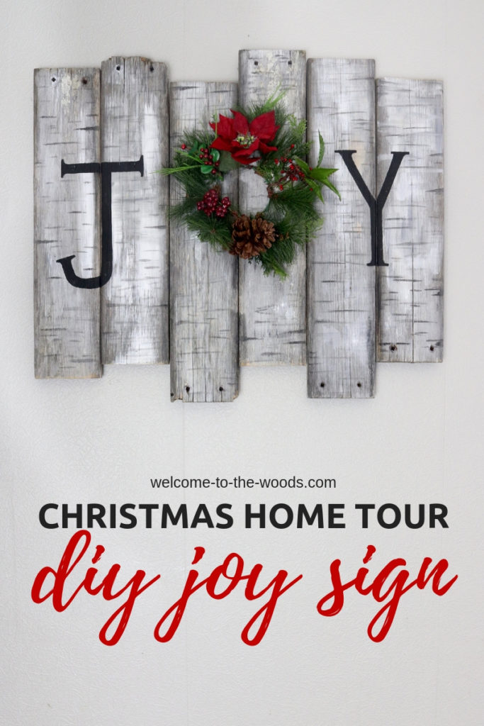 Reclaimed wood painted birch tree sign holiday Christmas "JOY" wreath
