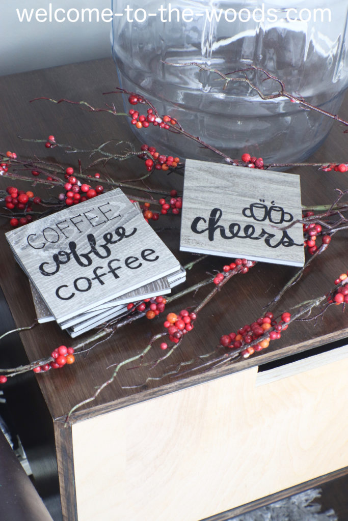 Cute coasters made from vinyl flooring samples and hand-lettered with sharpie!
