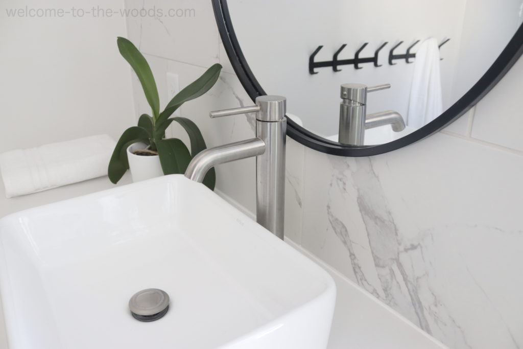 Modern bathroom renovation final reveal vessel sink circle mirror