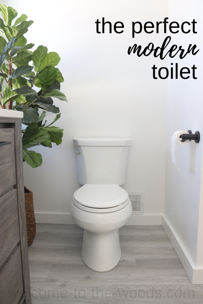 The perfect modern toilet is an understated aesthetic, a high-efficiency flush, and a stay clean bowl. Our bathroom renovation is complete with high-quality products like this Kohler toilet from eFaucets.com