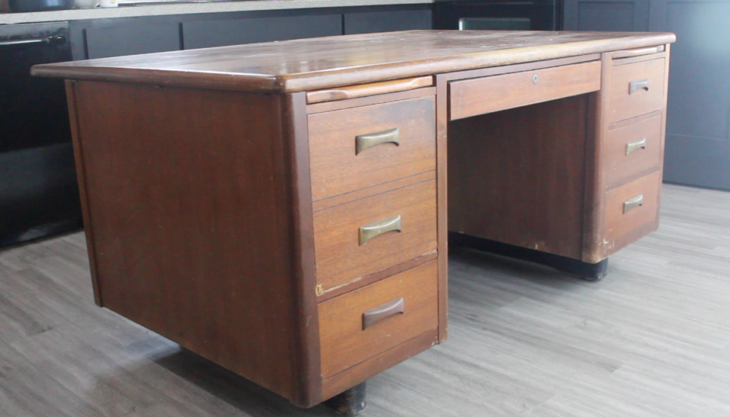 Old wood lawyer's desk that gets transformed into kitchen island!