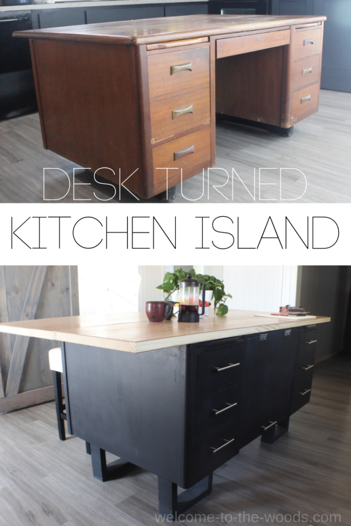 Desk to DIY Kitchen Island Makeover amazing furniture transformation! Modern farmhouse black and white kitchen