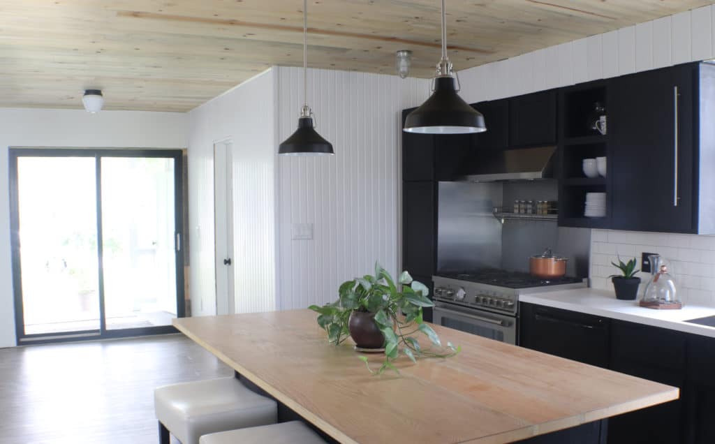 Kitchen makeover DIY black cabinets, pine ceiling, modern style, DIY island