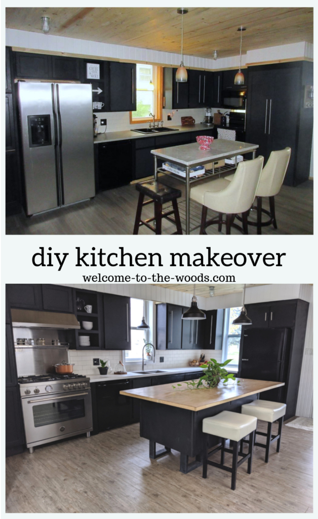 kitchen makeover before after reveal black cabinets, solid surface counters, modern farmhouse style
