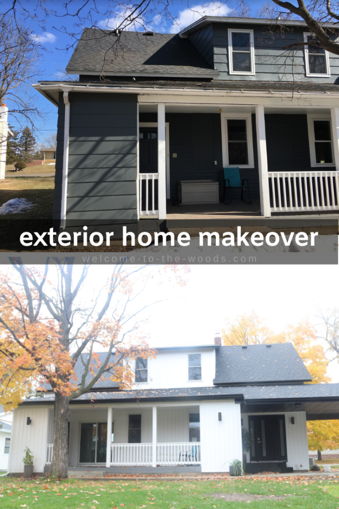 Before and after modern farmhouse renovation Exterior Home Makeover Front elevation black soffit facia and white board and batten vinyl siding