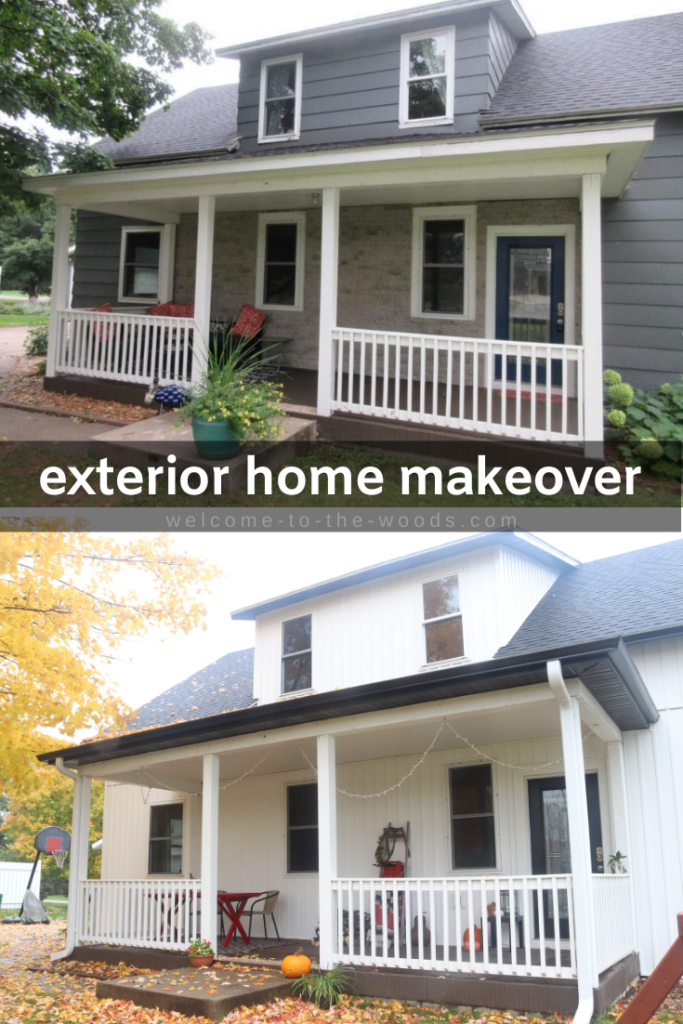 White board and batten vinyl siding trimmed in black modern farmhouse style enterior transformation before and after siding style