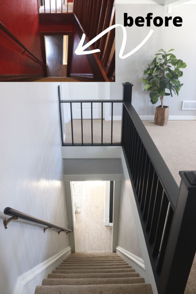 The before was dark and angry, now it's modern and airy! This modern painted staircase remodel you will love! How to paint stairs video tutorial included.