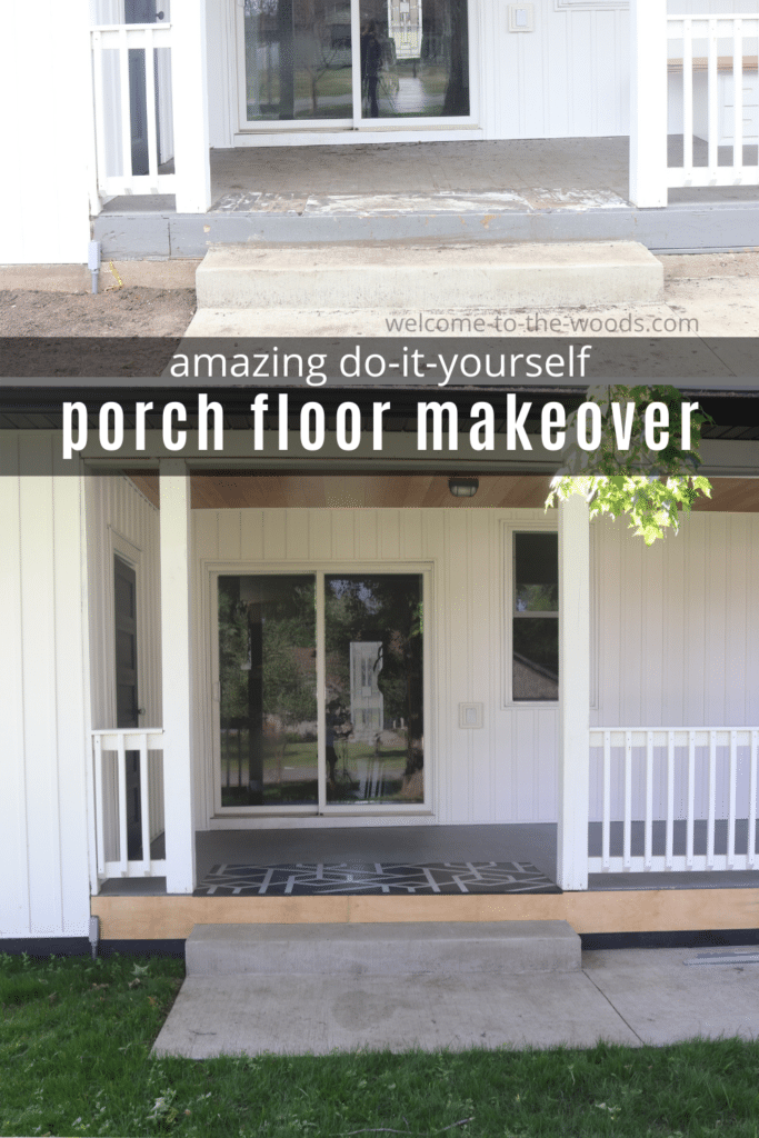 Our porch floor was in bad shape and had a rotten patch that needed fixing. I came up with a great solution to make a geometric floor design on plywood inlaid as a DIY rug on the porch! This painted rug is now a feature on our porch steps!